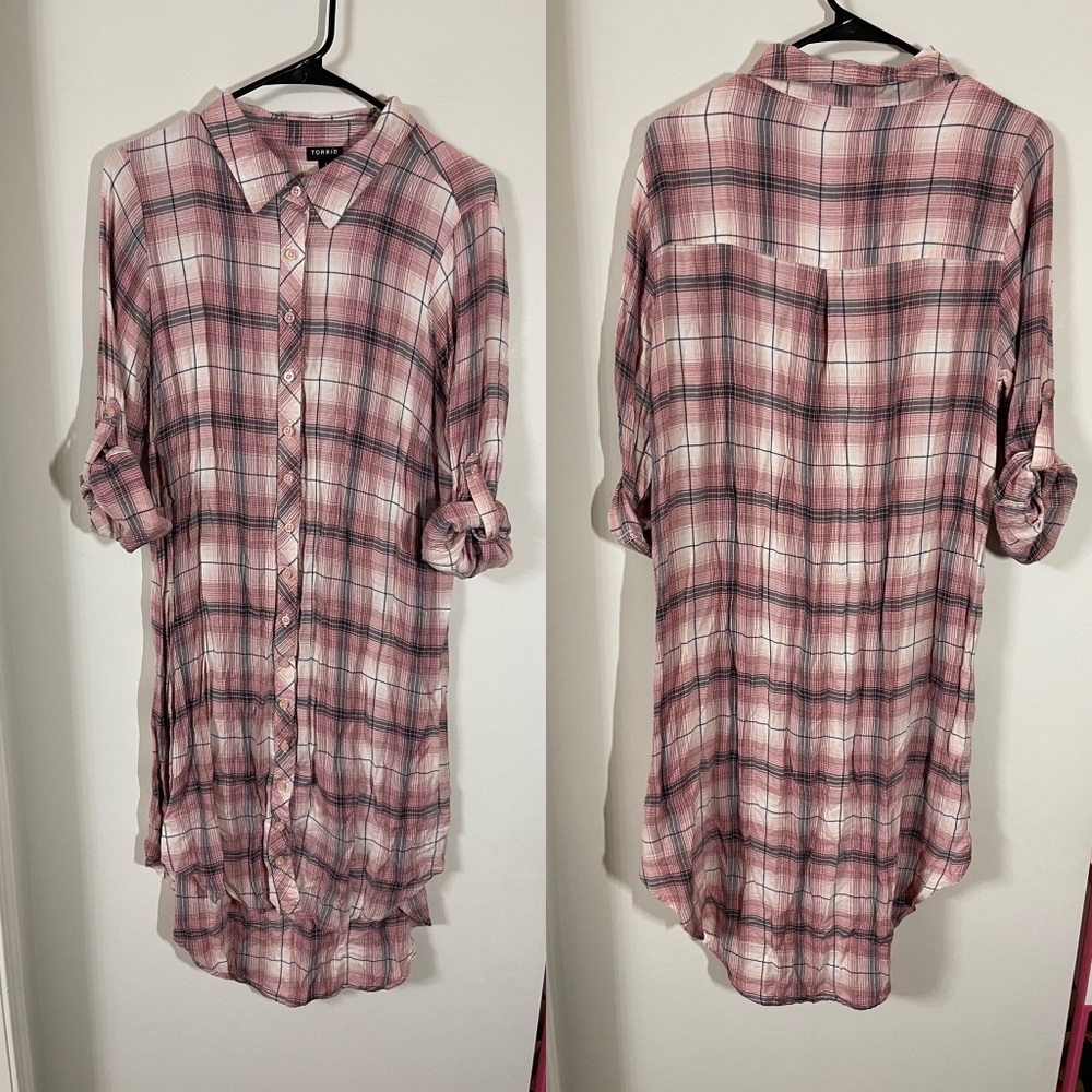 Torrid Long Pink Flannel Button Up Dress